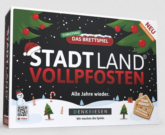 Das Bild zeigt die Spieleschachtel. Darauf dominiert der Spieltitel über einer Schneelandschaft mit weihnachtlichen Motiven.