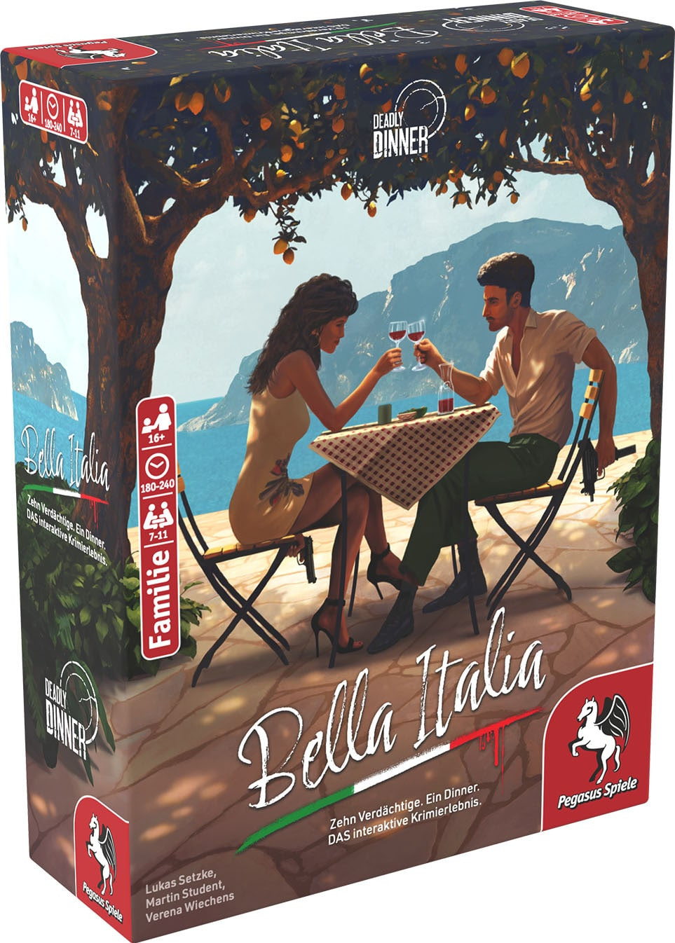 Cover des Spiels Deadly Dinner: Bella Italia: Ein attraktives Pärchen hat ein romantisches Dinner irgendwo in Italien. Beide haben unter dem Tisch eine  versteckte Waffe in der Hand.